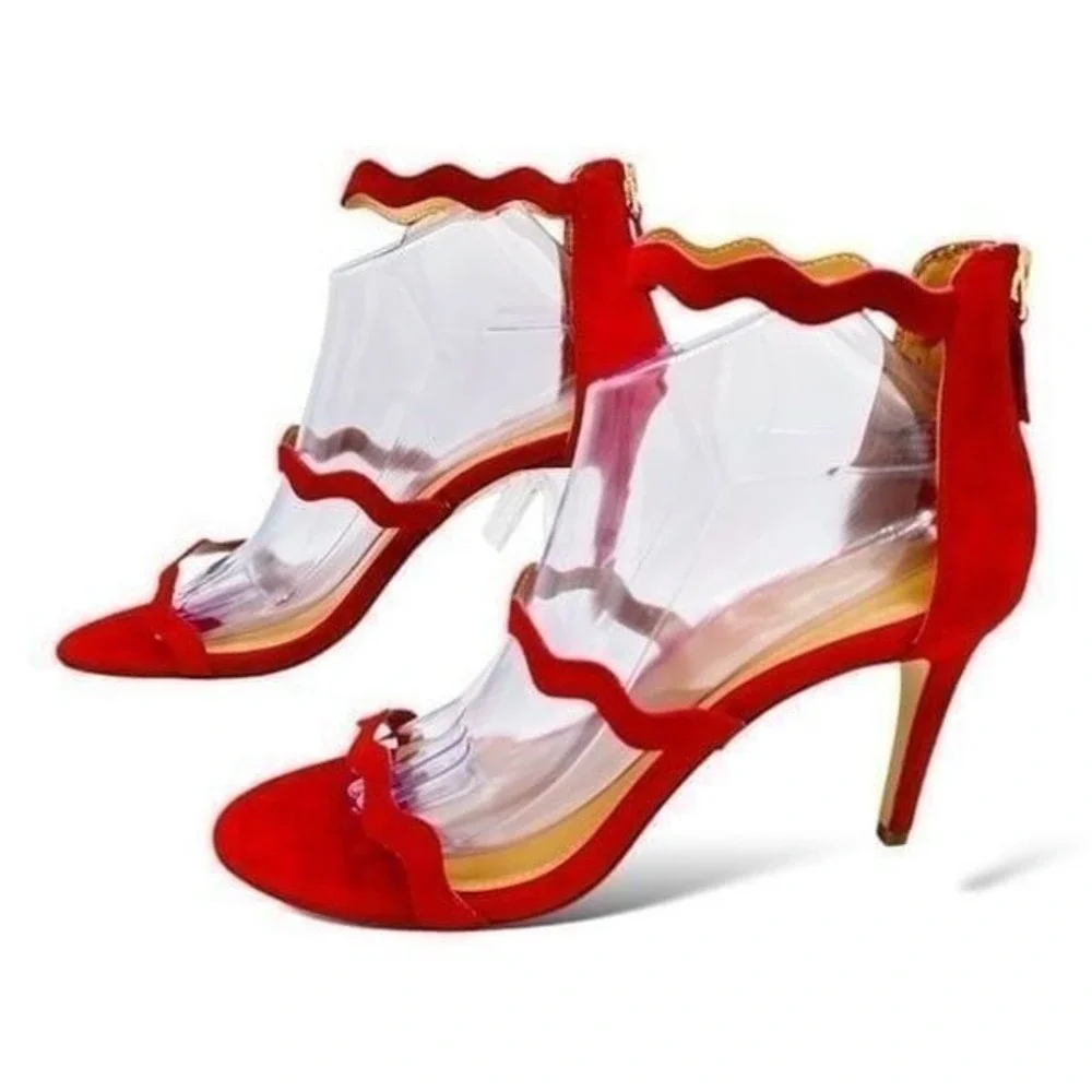 J Crew Red Suede Three-strap Scalloped Stiletto‎ Heeled Sandals Sz 9.5M